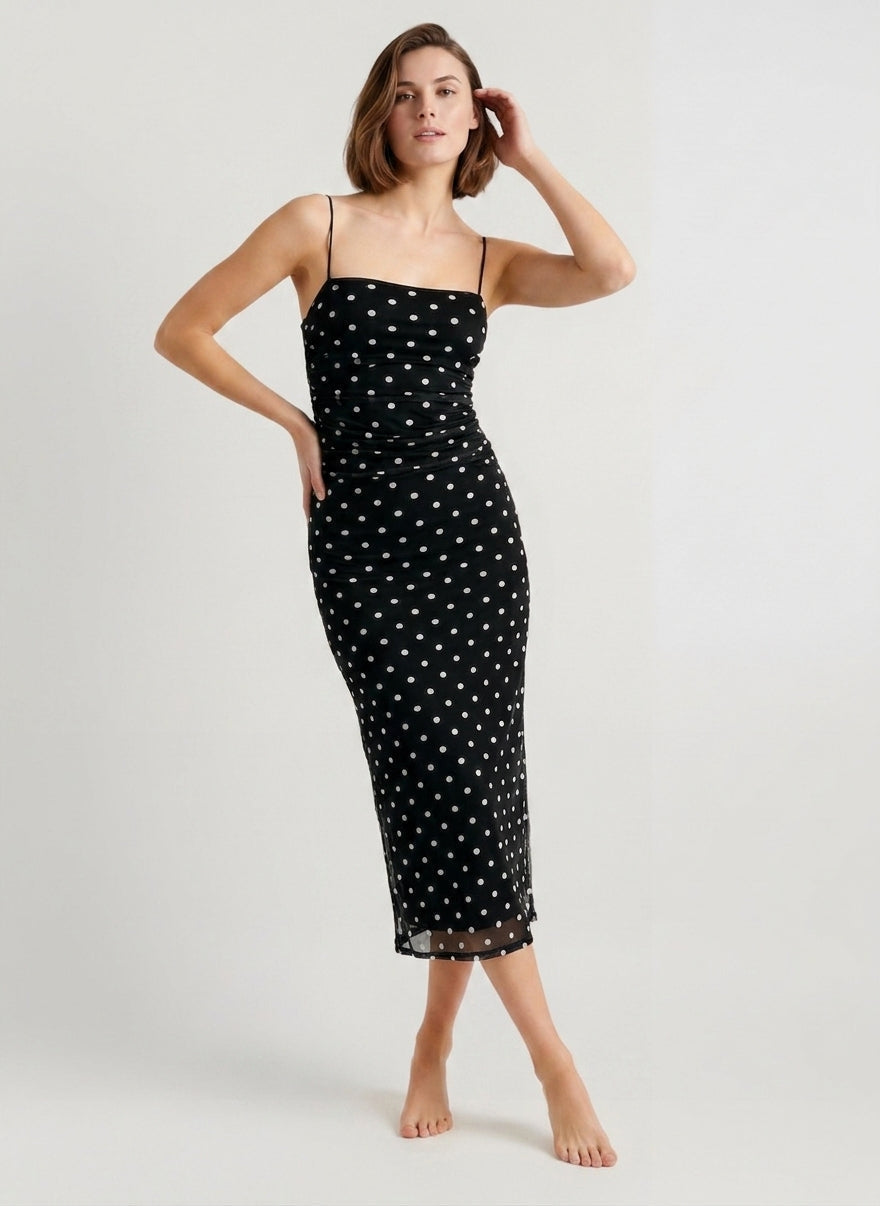 Polka Dot Spaghetti Strap Square Neck Ruched Side Bodycon Midi Dress