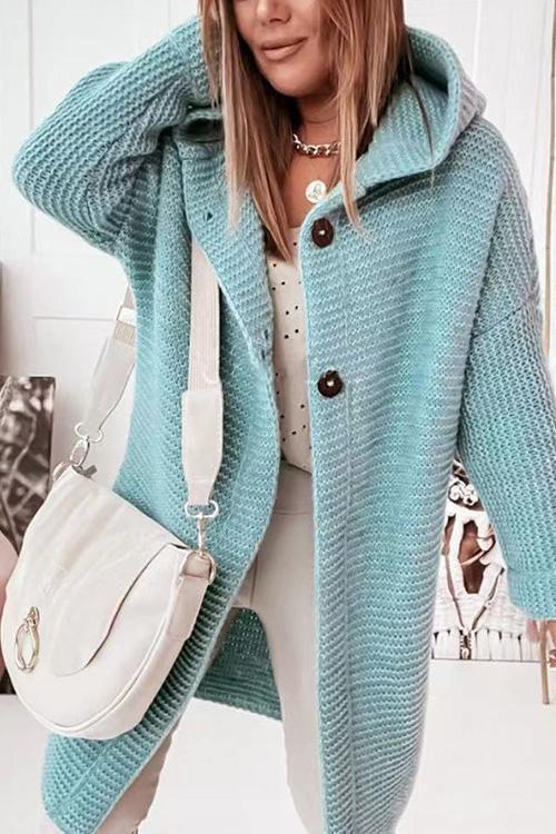 Solid Drop Shoulder Hoodied Knitting Cardigan