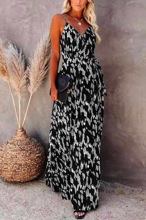Wrap V Neck Tie Waist Printed Flowy Maxi Cami Dress