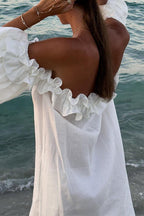 Off Shoulder Ruffle Trim Slit Cotton Linen Maxi Vacation Dress