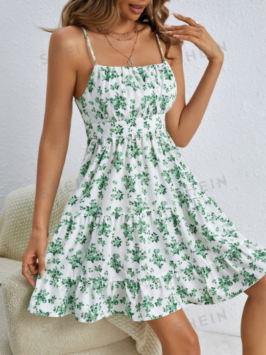 Floral Ruffled Halter Top, Sleeveless, Fitted Waist Mini&Short Dresses