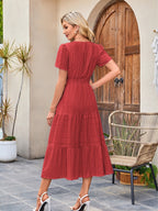 V-neck, Gathered, Puff Sleeve, Full Skirt, Short-sleeved Long Dress
