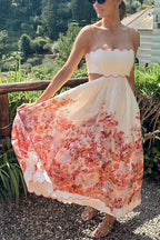 Back Lace-up Cut Out Floral Print A-line Maxi Cami Dress