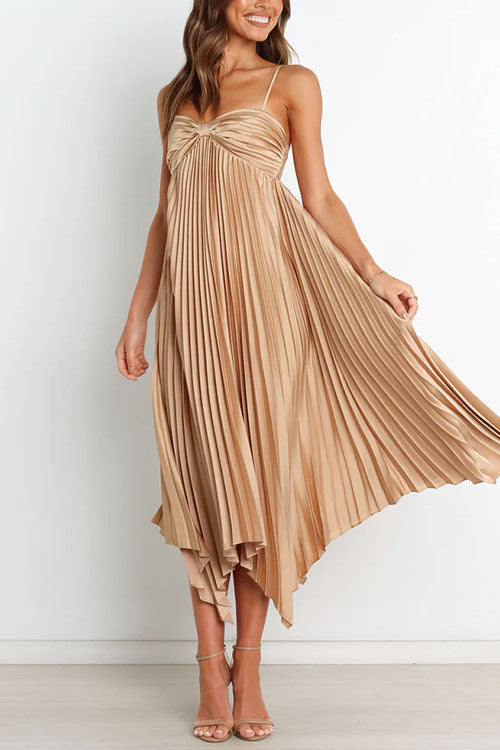 Spaghetti Strap Irregular Hem Pleated Swing Midi Dress