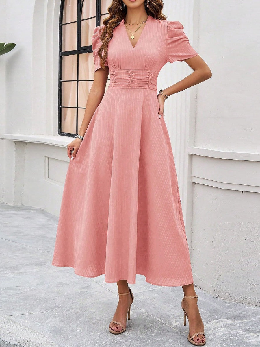 Pleated Waist Short Sleeve Maxi Dresses