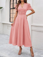 Pleated Waist Short Sleeve Maxi Dresses
