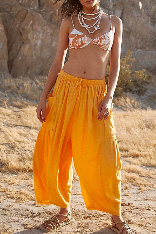 Drawstring Waist Pockets Wide Leg Cotton Linen Pants
