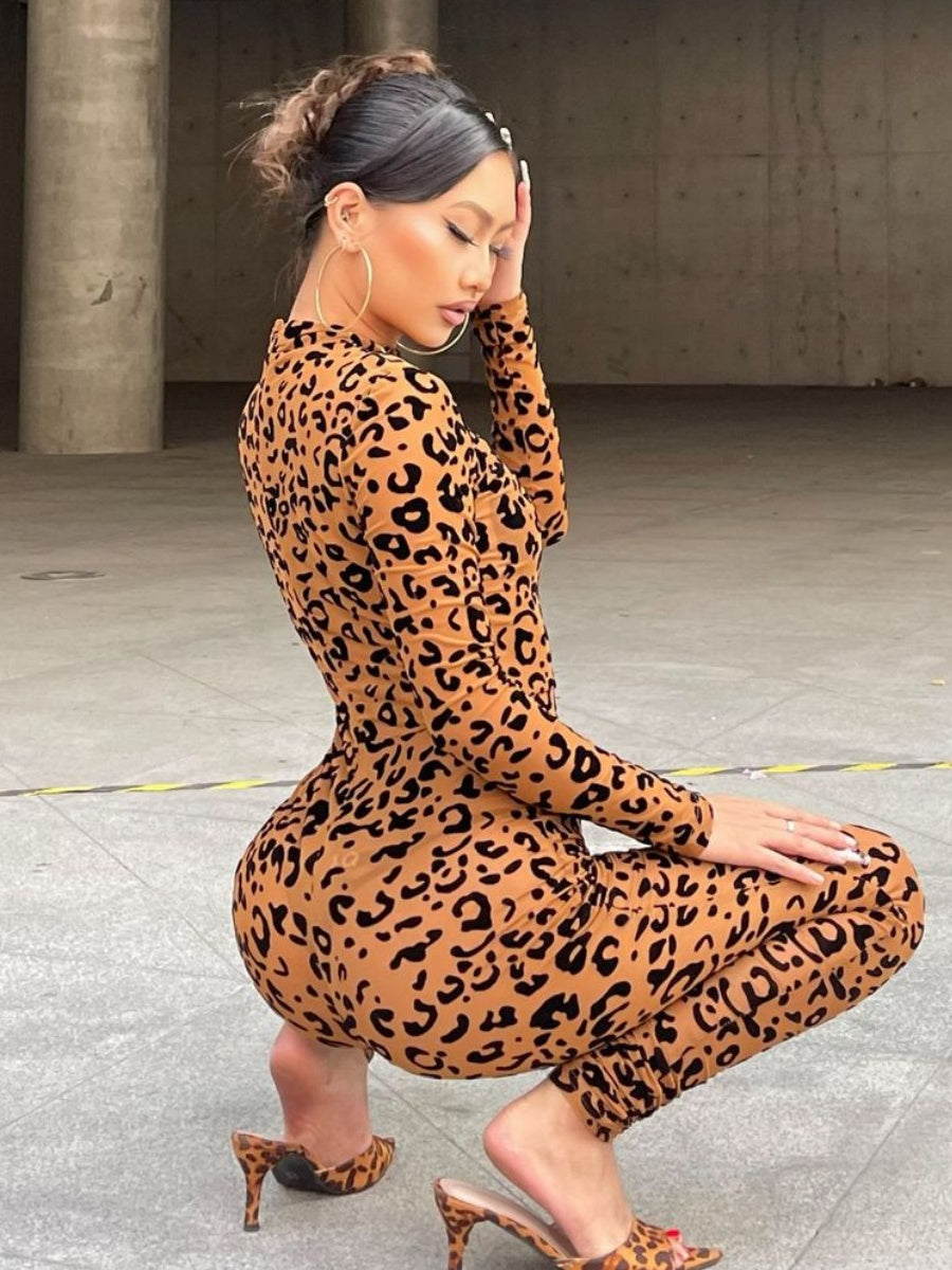 Leopard Print Flocked Sheer Slimming Effect Jumpsuits