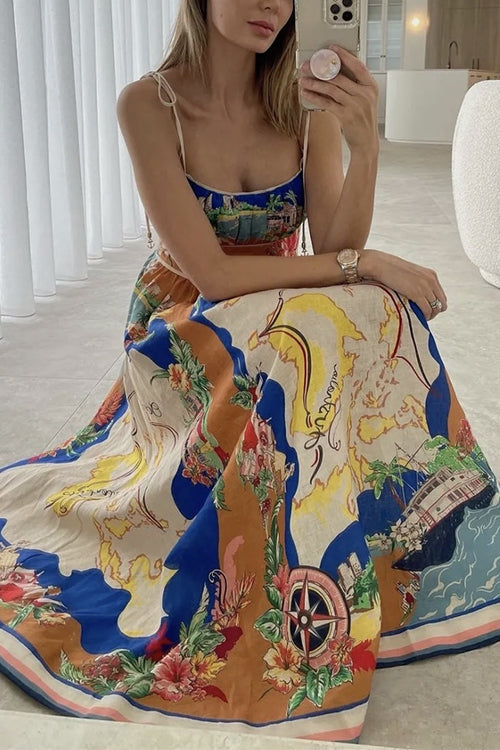 Tie Shoulder Pocketed Unique Print Midi Vacation Cami Dress