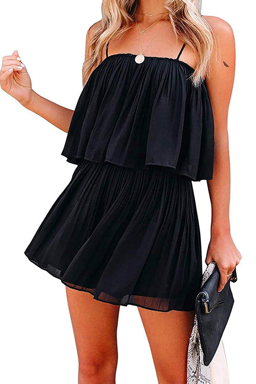 Solid Waisted Ruffle Pleated Cami Shorts Romper