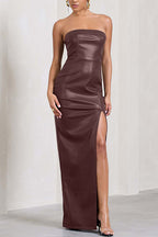 Strapless High Slit Faux Leather Bodycon Maxi Dress
