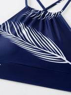 Feather Print Two-Piece Swimsuit With Sun Protection And Skirt (Three-Piece Set)