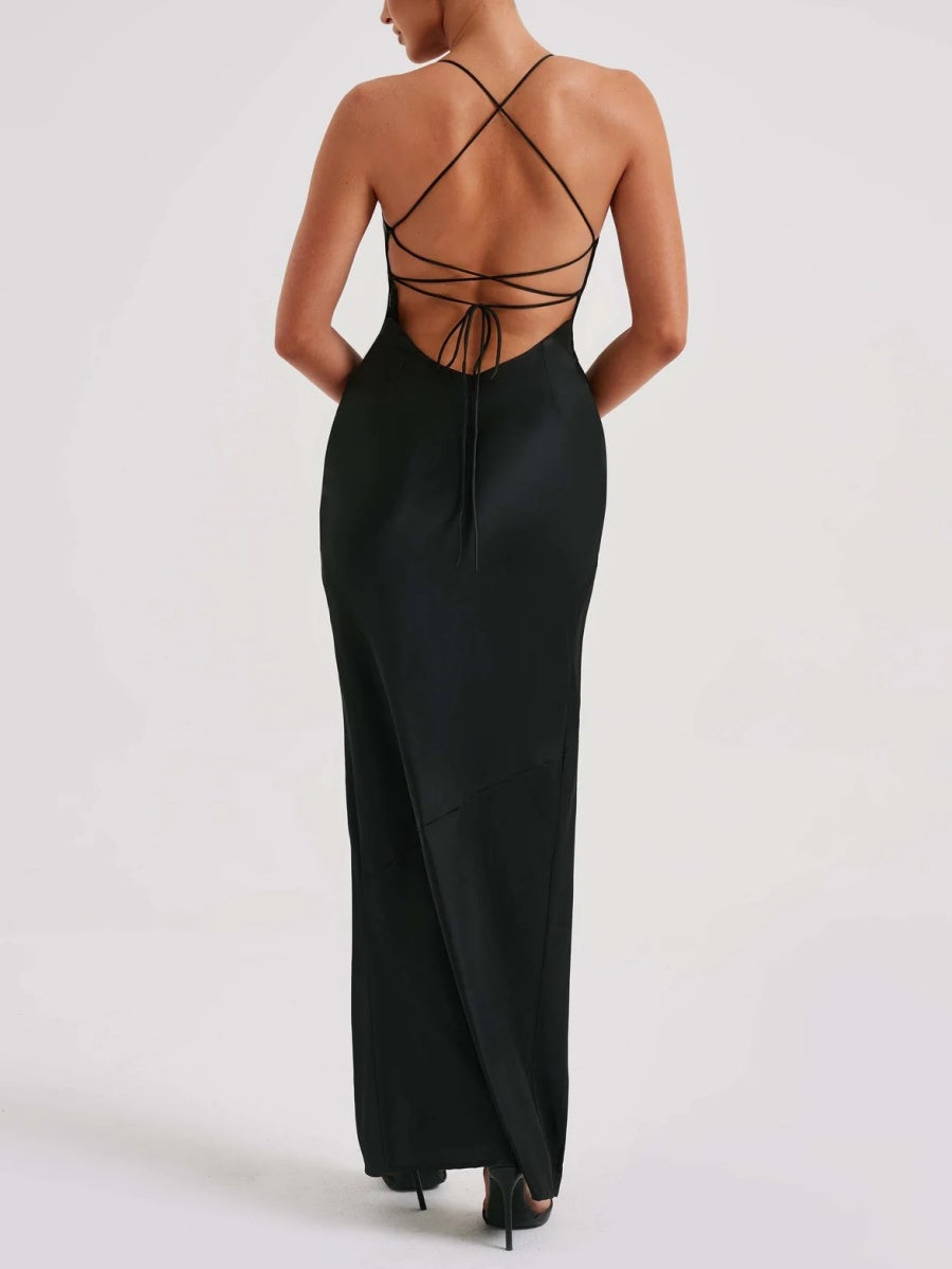Satin High Slit Backless Camisoles Maxi Dresses