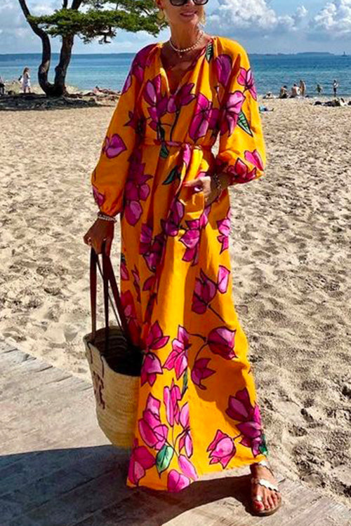 V Neck Long Sleeves Tie Waist Floral Maxi Holiday Dress