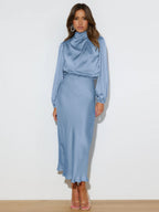 Satin Long Sleeve Zipper Solid Color Maxi Dresses