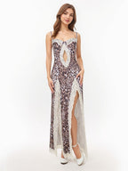 Lace-trimmed Leopard Print Slit Halter Dress