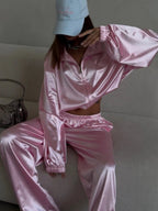 Zippered Loose Sweatshirt Jacket And Wide-Leg Pants Two-Piece Set