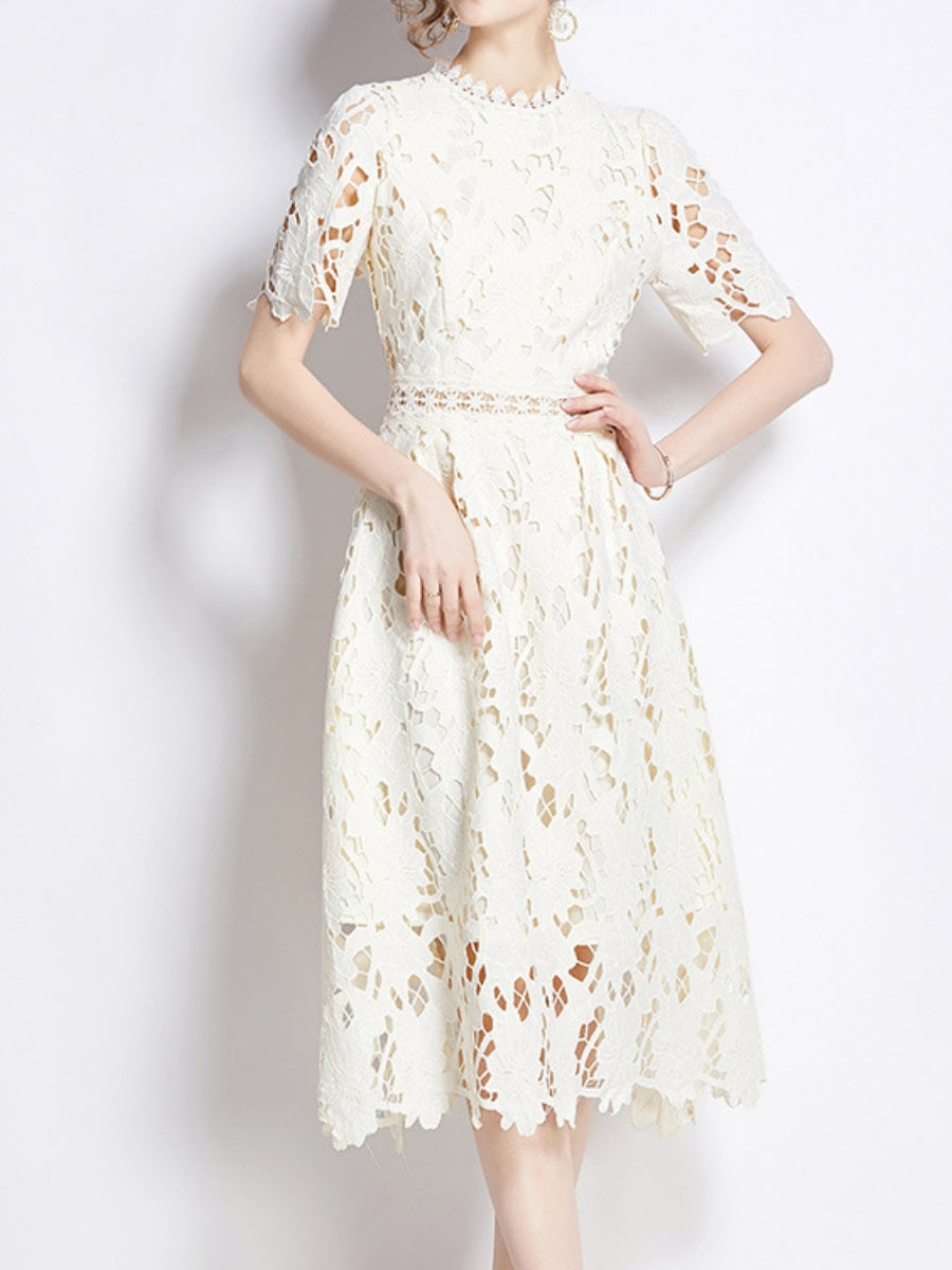 Water-soluble Lace Short-sleeved Slim-fit Midi Dress