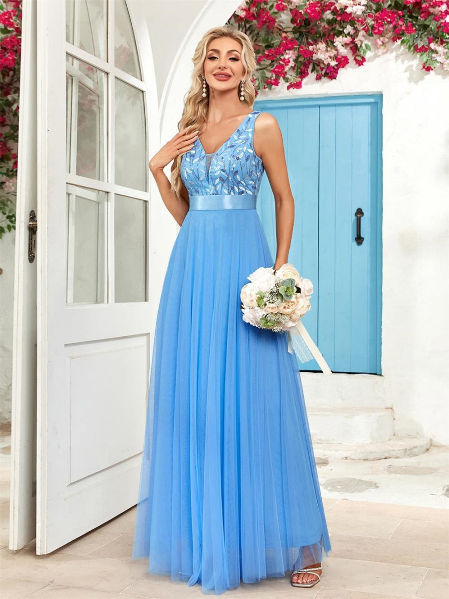 V-neck Embroidery Sequins Elegant Gauze Formal Dress Maxi Dresses