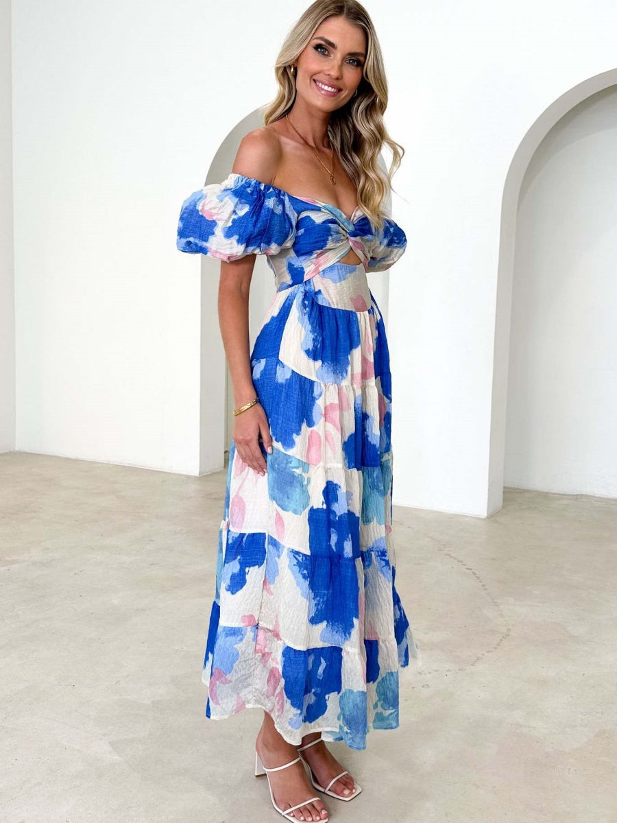 Printed Puff Sleeve Sweetheart Collar Vacation Maxi Dresses