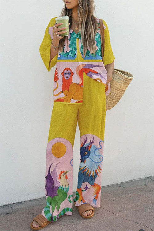 Unique Print 3/4 Sleeves Button Down Shirt Wide Leg Pants Holiday Set
