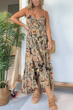 V Neck Back Lace-up Slit Floral Print Maxi Cami Dress