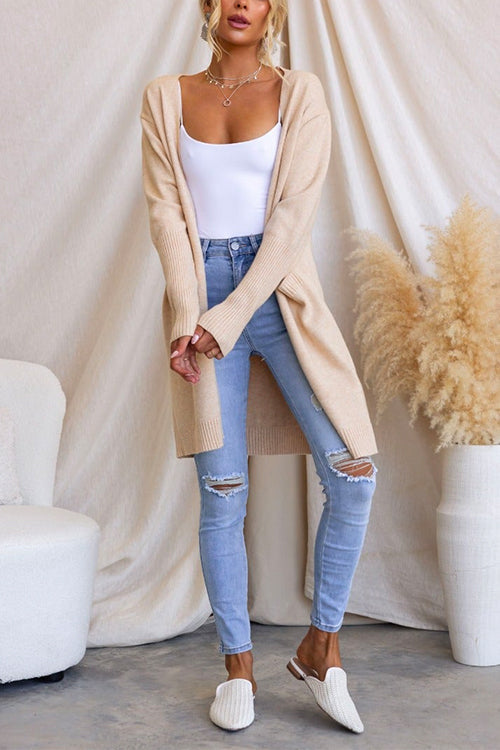 Open Front Pockets Solid Knitting Midi Cardigan