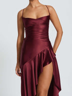 Spaghetti Strap Backless Ruffled Irregular Long Dress