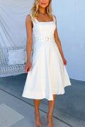 Vintage Square Collar Belted Sleeveless A-line Midi Dress
