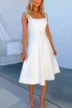 Vintage Square Collar Belted Sleeveless A-line Midi Dress