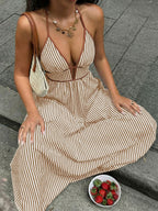 Stripes Color-blocked Splicing V-neck Hollow Maxi Dresses