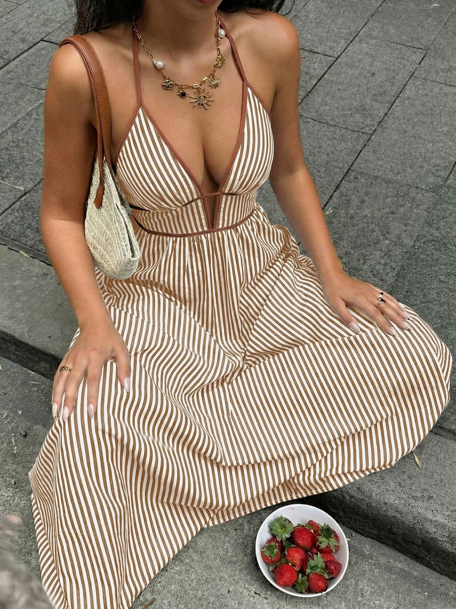 Stripes Color-blocked Splicing V-neck Hollow Maxi Dresses
