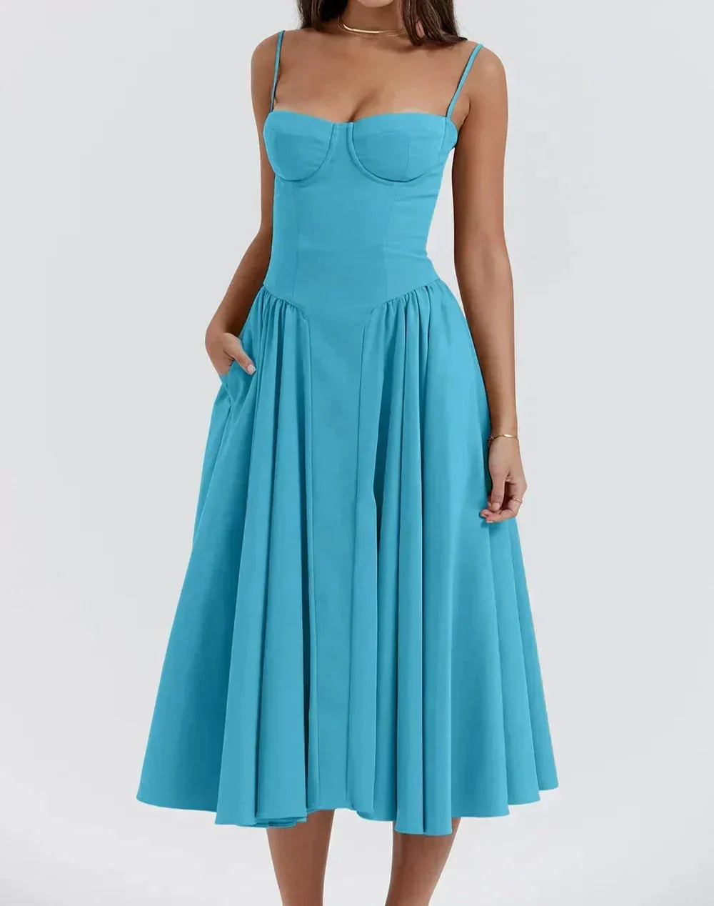 Corset Bodice Basque Waist Pleated A-Line Midi Dress