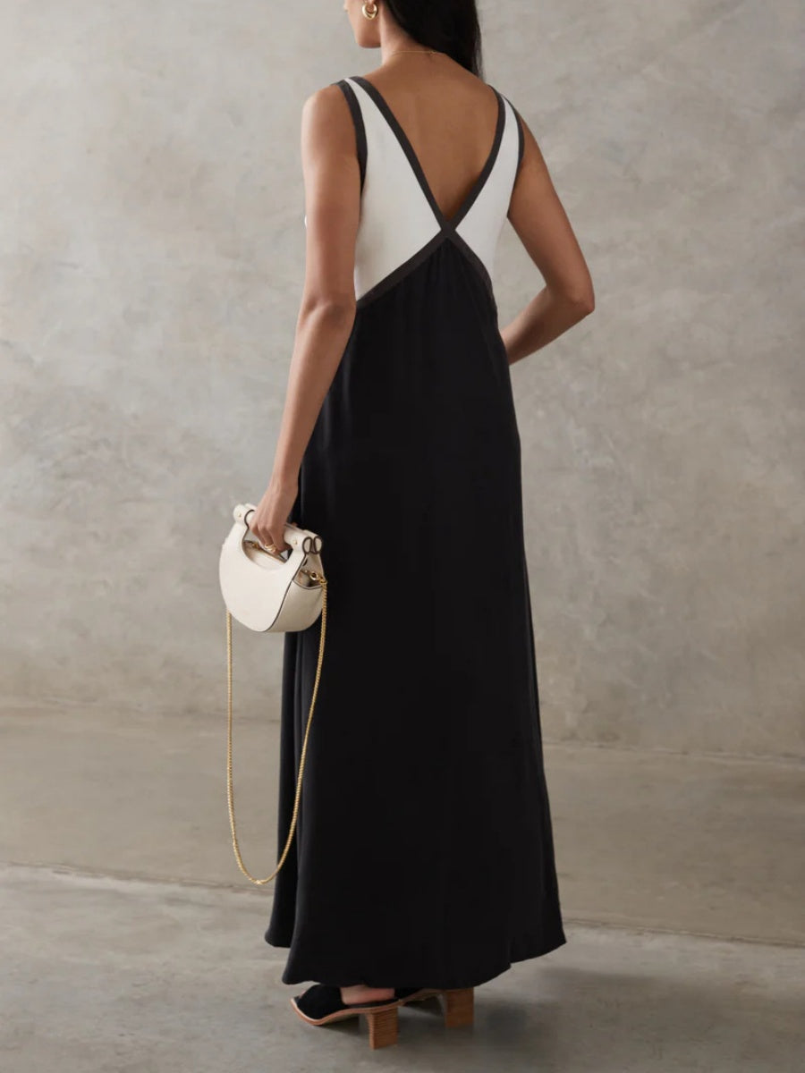 V-neck Sleeveless Color-blocked Maxi Dress