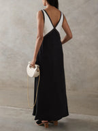 V-neck Sleeveless Color-blocked Maxi Dress