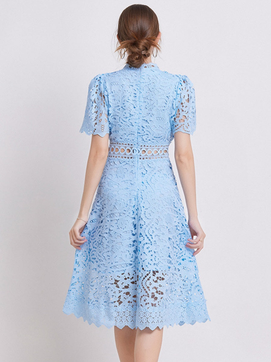 Lace Waist-cinching Hollow-out Midi Dress