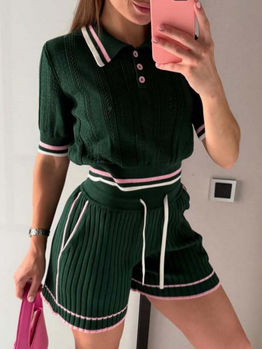 Academic Style Lapel Ice Silk Short Cardigan Color-blocked Drawstring Shorts Set 2-piece Sets