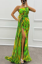 Strapless Rose Detail High Slit Printed Chiffon Maxi Dress