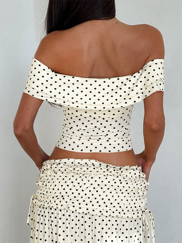 Two-piece Set: Raglan Strapless Top With Polka Dot Side Bow And Long Skirt