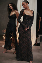 Square Neck Floral Lace Horizontal Ruching Long Sleeve Maxi Gown