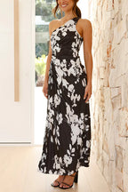 One Shoulder Ruched Cut Out Pleated Maxi Printed Dress