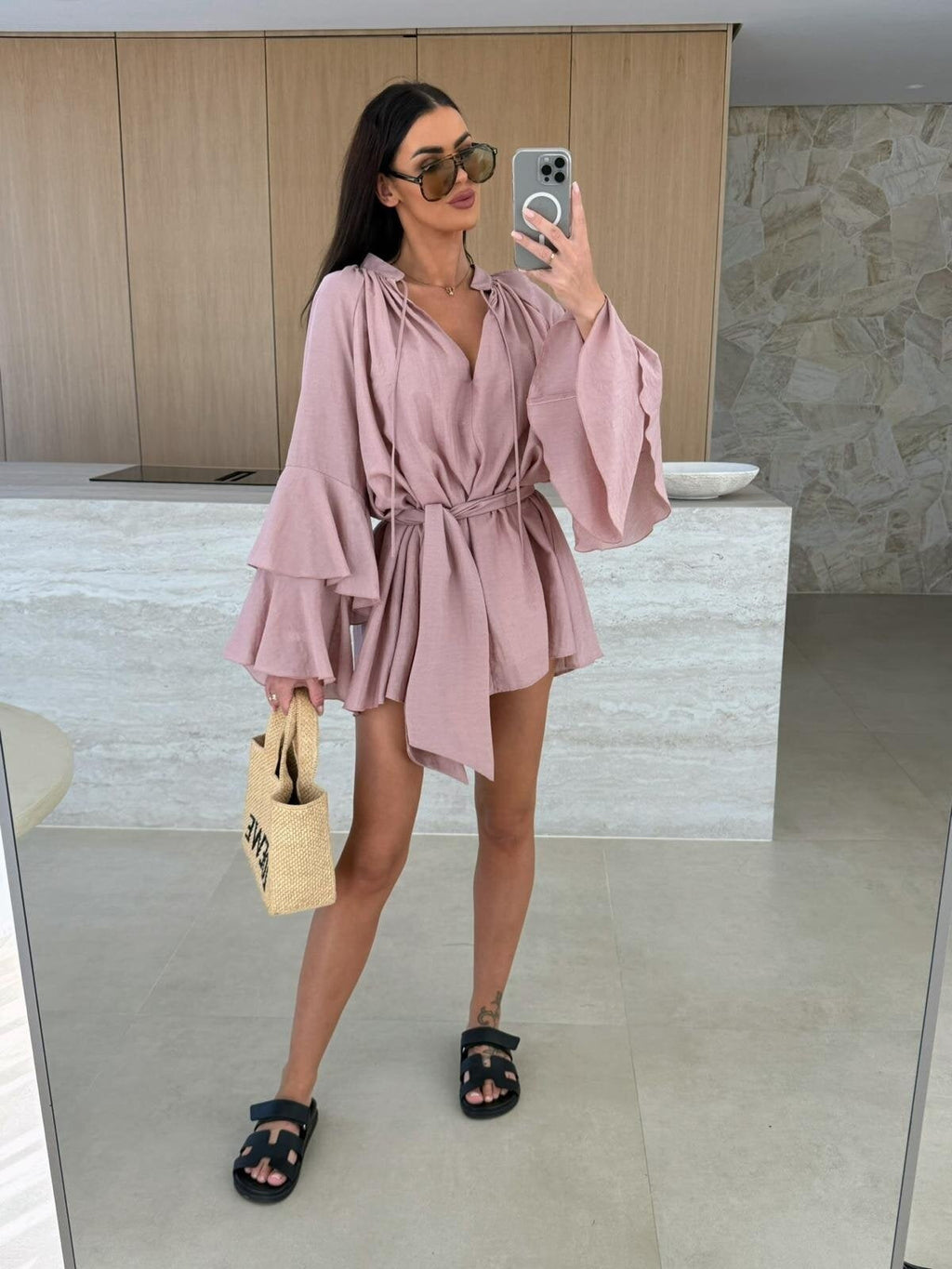 V-neck, Irregular Tie-waist, Long-sleeved, Loose-fitting Short Dress