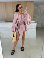 V-neck, Irregular Tie-waist, Long-sleeved, Loose-fitting Short Dress