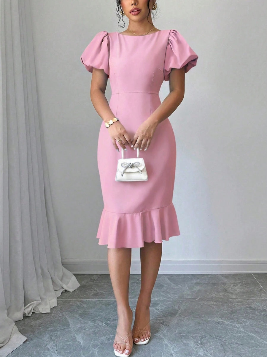 Round Neck Lantern Sleeve Ruffled Fishtail Midi Dress