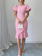 Round Neck Lantern Sleeve Ruffled Fishtail Midi Dress