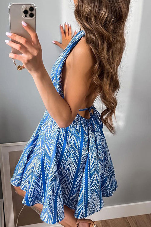 Halter V Neck Open Back Printed Mini Vacation Dress