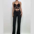 Halter hollow out solid backless pant set  | Festival Outfits Women