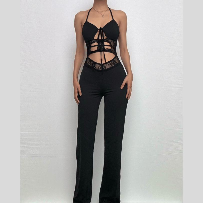 Halter hollow out solid backless pant set  | Festival Outfits Women