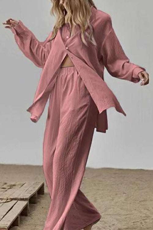 Long Sleeves Side Slit Blouse Shirt Elastic Waist Wide Leg Pants Set
