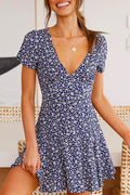 V Neck Short Sleeve Printed Mini Swing Dress